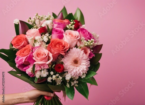 Photo of cropped arm holding large brightly decorated bouquet giving girlfriend for Valentine's Day romantic gift, copy space for text 
