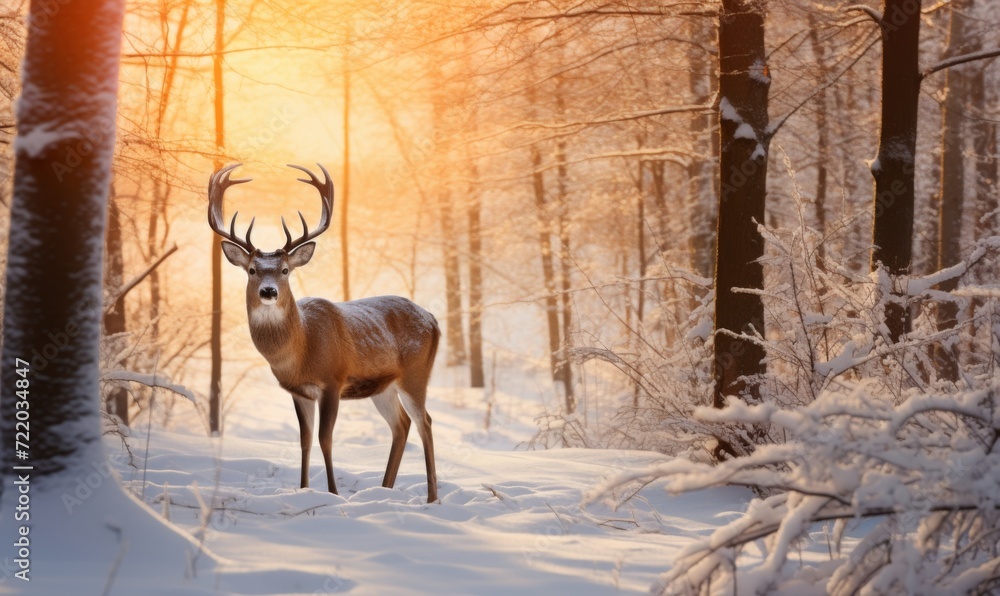 red horned deer in a winter snowy forest in the golden rays of the setting sun, sunset in winter, beauty of nature red horned deer in a winter snowy forest in the golden rays of the setting sun, sunset in winter, beauty of nature