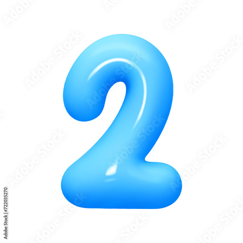 Number 2. Two Number sign blue color. Realistic 3d design in cartoon balloon style. Isolated on white background. vector illustration