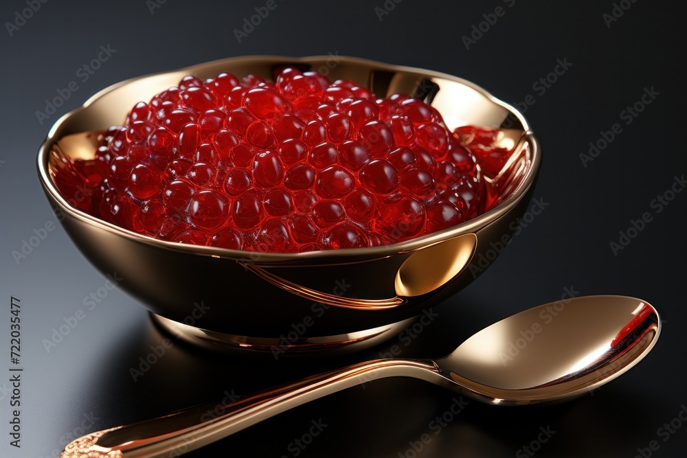 A close-up of a luxurious red caviar dish with a spoon, showcasing the gourmet seafood delicacy. A close-up of a luxurious red caviar dish with a spoon, showcasing the gourmet seafood delicacy.