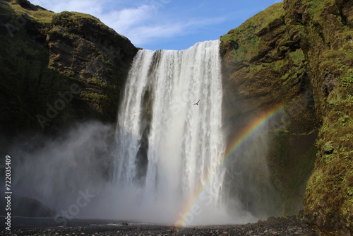 Iceland waterfall green grass and rainbow