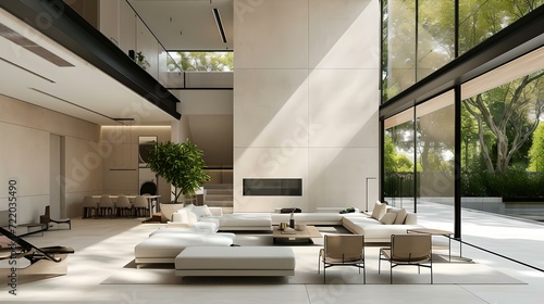 Modern luxury living room with natural light and minimalist design. elegant interior with a view of greenery. perfect for lifestyle and architecture. AI photo