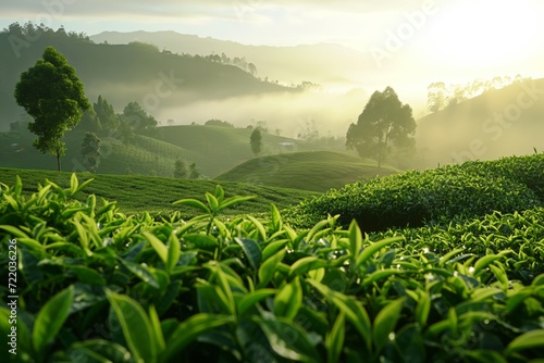 Green tea plantation at sunrise time,nature background