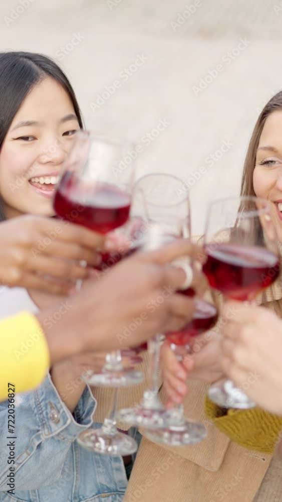Multicultural young people toasting with wine in the street Multicultural young people toasting with wine in the street