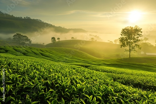 Green tea plantation at sunrise time nature background