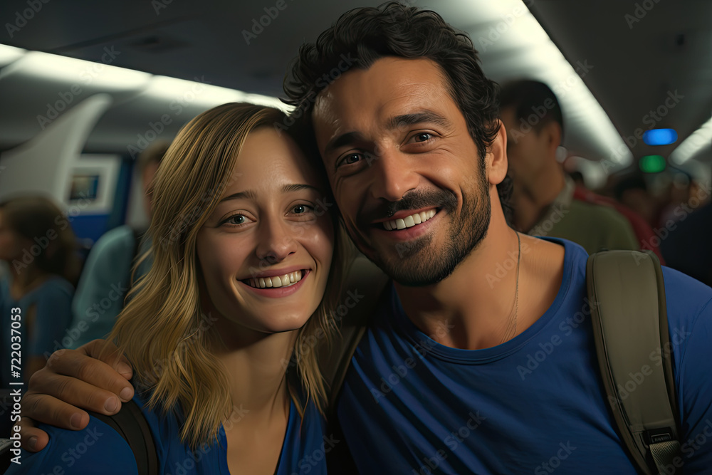 candid photograph capturing the infectious happiness of man and woman as they share genuine smiles, radiating love and warmth towards the camera in plane candid photograph capturing the infectious happiness of man and woman as they share genuine smiles, radiating love and warmth towards the camera in plane