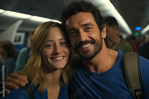 candid photograph capturing the infectious happiness of man and woman as they share genuine smiles, radiating love and warmth towards the camera in plane