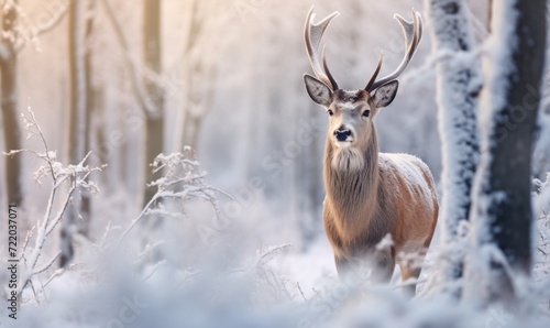 Red deer with antlers in a beautiful winter snowy forest