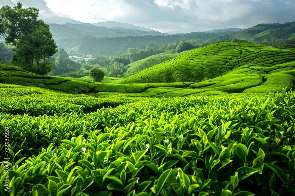 Green tea plantation in cloudy weather, natural background