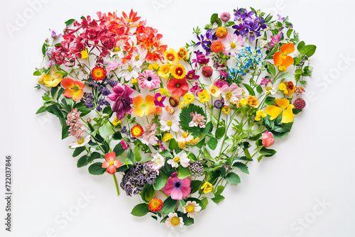 Heart shape made by spring flowers on white background. Woman's day or Mother's day concept.