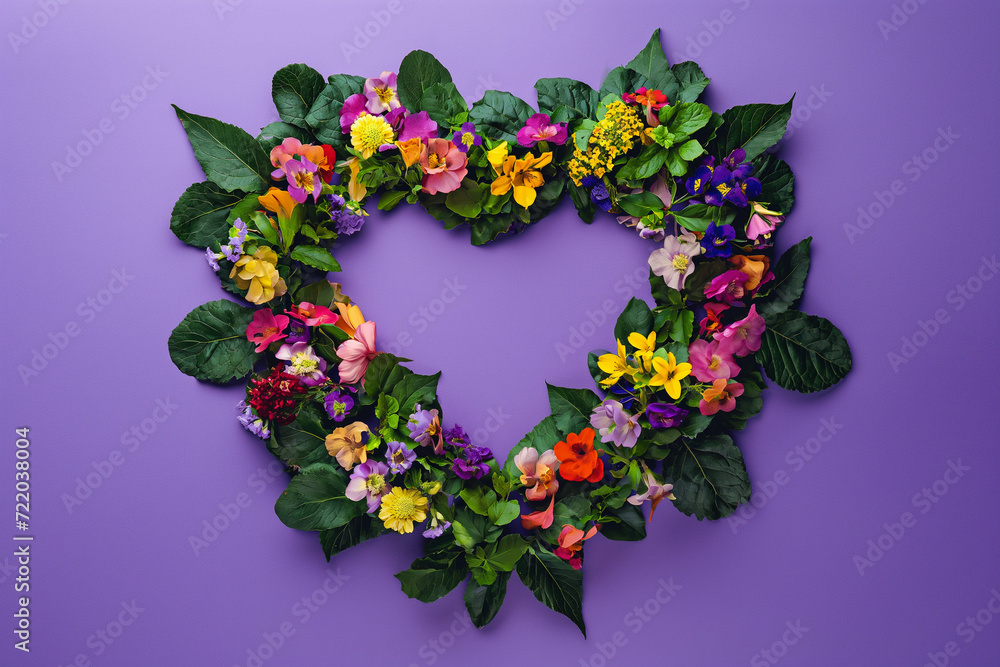 Heart shape made by spring flowers on purple background. Woman's day or Mother's day concept.