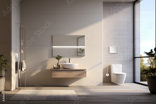 airy bathroom with a floating toilet