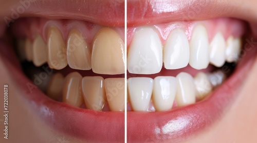 Perfect smile before and after bleaching procedure whitening of zircon arch ceramic prothesis Implants crowns. Dental restoration treatment clinic patient. Result of oral surgery dentistry,