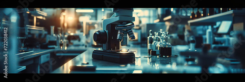 Microscopic Research in a Modern Laboratory with Scientific Equipment, Biotechnology, and Chemistry Analysis