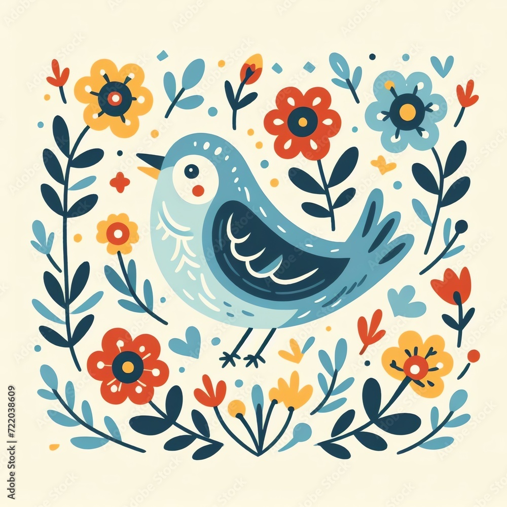 Folksy Bird and Floral Pattern Design