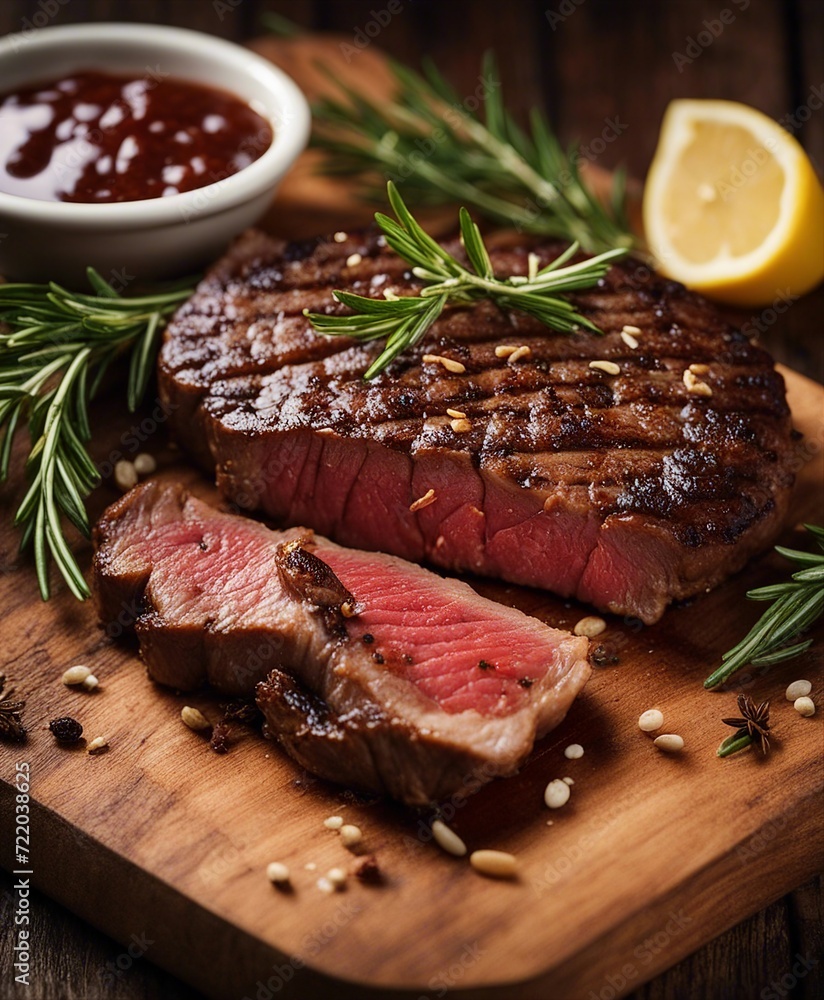 grilled steak meat on wooden board with rosemary and spice
