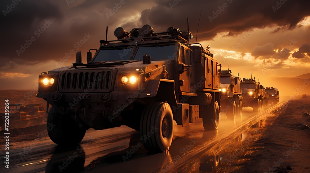 Military convoy of armored vehicles crossing a desert terrain at sunrise
