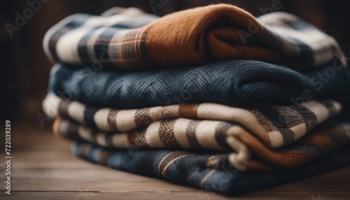 luxurious cashmere-textured plaid scarves, stacked in layers in the background 