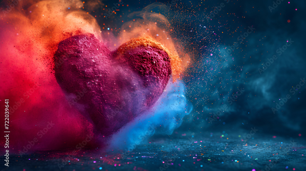 An explosion of vibrant powdered colors forms a heart shape.. copy space. generative ai  - obrazy, fototapety, plakaty 