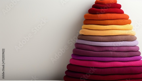 Minimalistic arrangement of clothes stacked on white surface with copy space for text or design photo