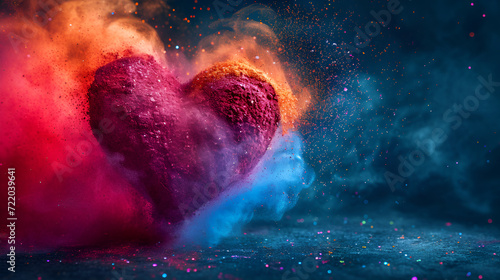 An explosion of vibrant powdered colors forms a heart shape.. copy space. generative ai 