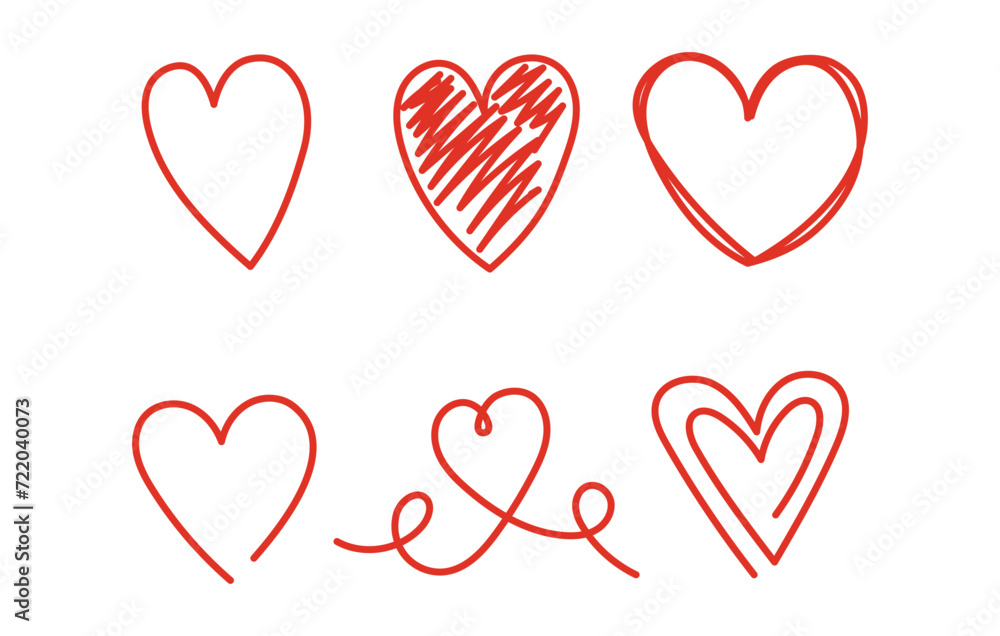 Set of red doodle hearts