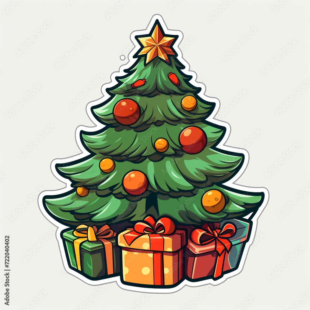Sticker, flat, cartoon, Christmas tree, surrounded by 2 gifts, white background сreated with Generative Ai Sticker, flat, cartoon, Christmas tree, surrounded by 2 gifts, white background сreated with Generative Ai