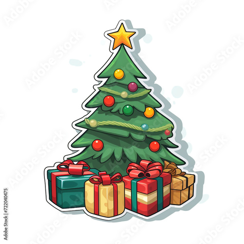 Sticker  flat  cartoon  Christmas tree  surrounded by 2 gifts  white background   reated with Generative Ai