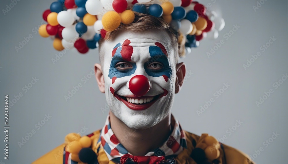 portrait of adult human smiling clown, isolated grey background
portrait of adult human smiling clown, isolated grey background