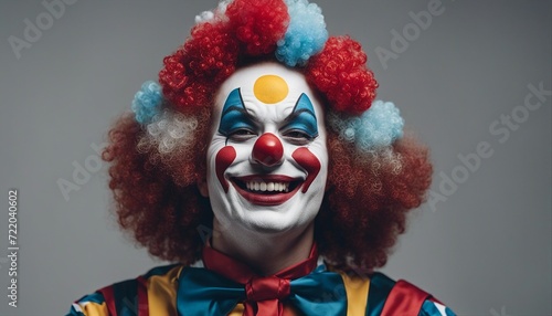 portrait of adult human smiling clown, isolated grey background 