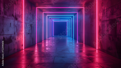 room with neon light, abstract panoramic background with line neon light, generative ai