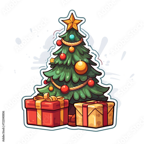 Sticker, flat, cartoon, Christmas tree, surrounded by 2 gifts, white background сreated with Generative Ai