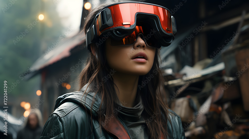 Cinematic shot of young girl with VR glasses are having fun to use augmented reality technology. Cinematic shot of young girl with VR glasses are having fun to use augmented reality technology.