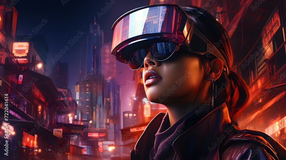 Fototapeta premium Cinematic shot of young girl with VR glasses are having fun to use augmented reality technology.