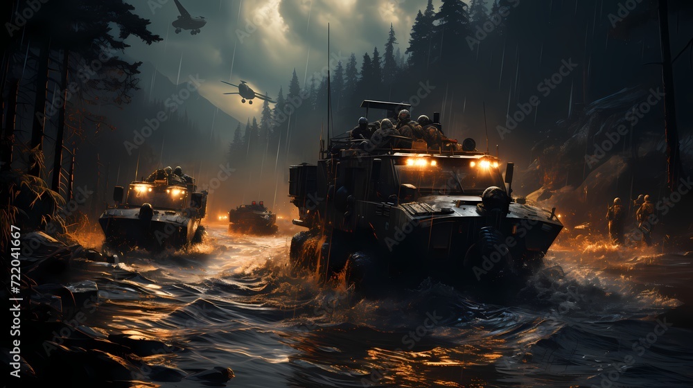 Military convoy of tactical vehicles crossing a river using specialized amphibious capabilities - obrazy, fototapety, plakaty 