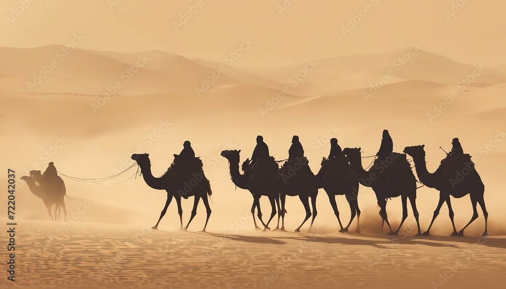 side view of silhouettes of camels and their owners moving in single file in a sandstorm in the desert
