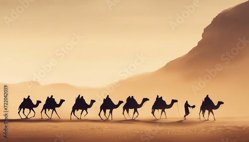 side view of silhouettes of camels and their owners moving in single file in a sandstorm in the desert 