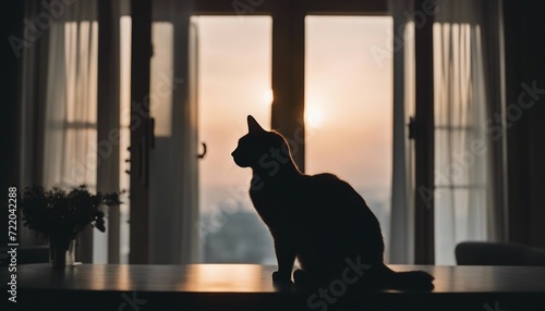 silhouette of a cat in the room looking out of the window 