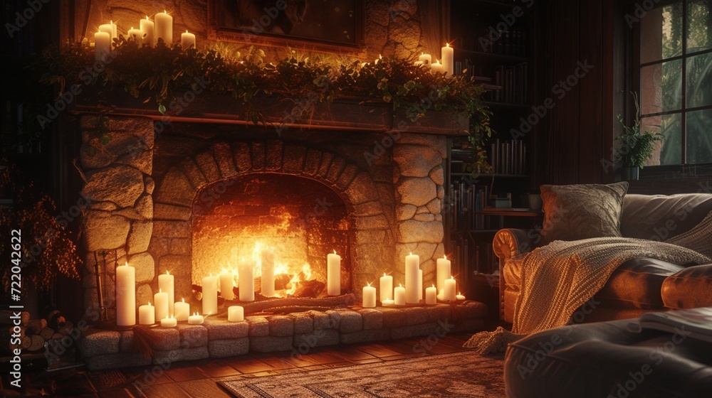 A crackling fireplace adorned with flickering candles, casting a warm glow across a plush sofa nestled in a corner, inviting relaxation. 