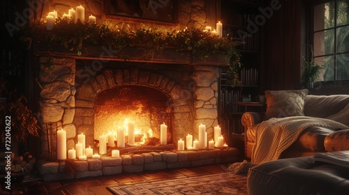 A crackling fireplace adorned with flickering candles  casting a warm glow across a plush sofa nestled in a corner  inviting relaxation. 