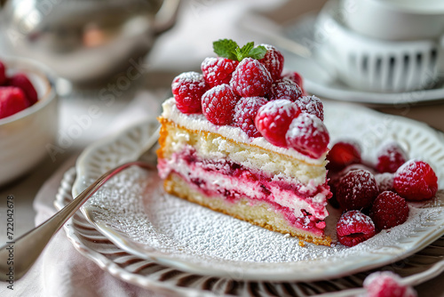 piece of sweet raspberry cake with powdered sugar on plate on table
