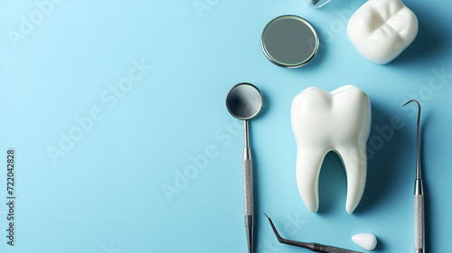 Tooth and dental instruments on blue background. Dental treatment. generative ai  © Saleem