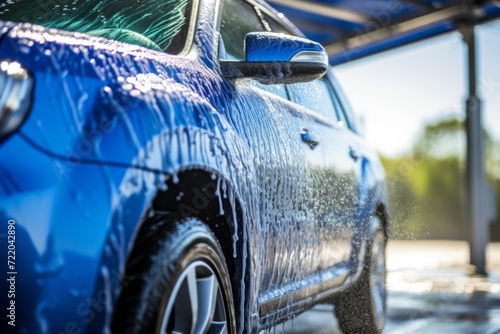 car wash, active foam flows down from a modern blue car © Jam