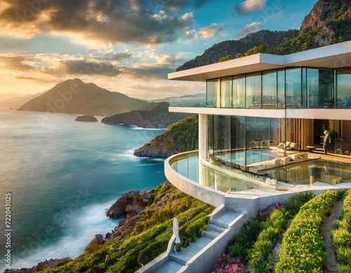 Woman in modern house overlooking ocean  open space office  large windows and panoramic view