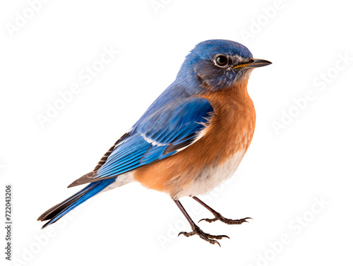 a blue bird standing on a white background