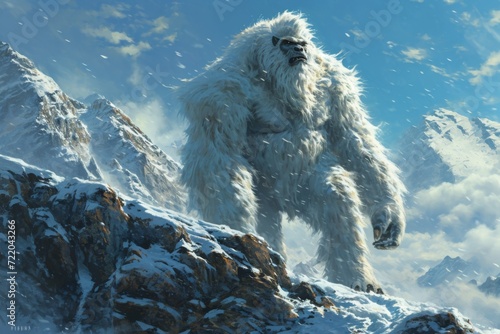Yeti in snowy mountains on top