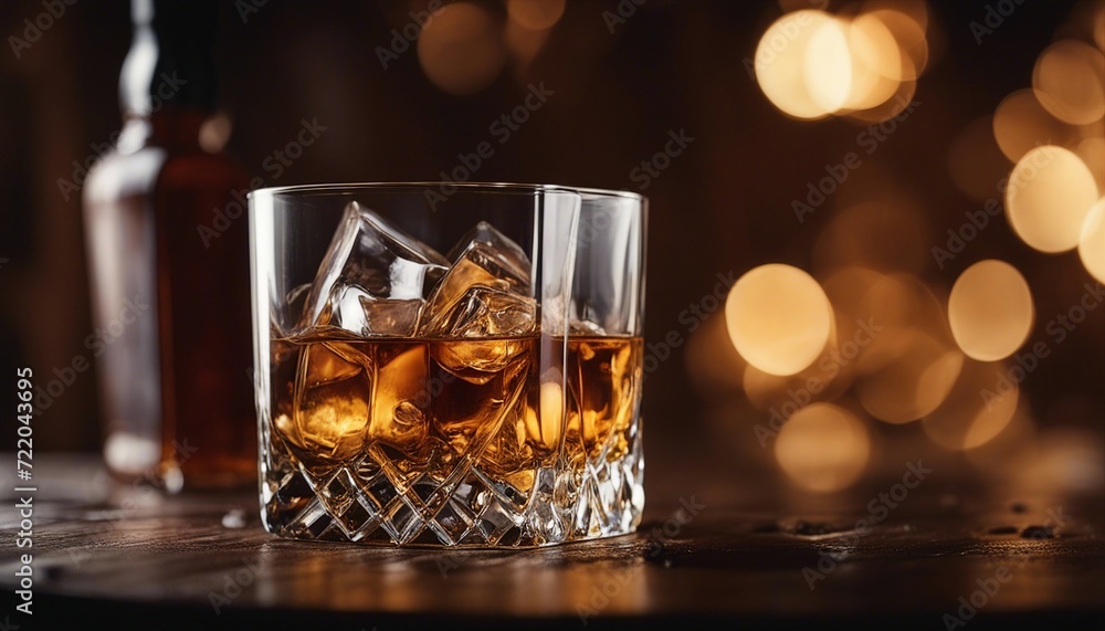 whisky glass with ice flakes on a wooden barrel and an unbranded, unwritten whisky bottle
