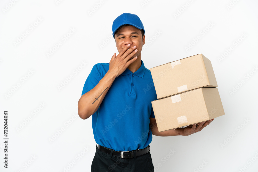 Delivery African American man isolated on white background happy and smiling covering mouth with hand Delivery African American man isolated on white background happy and smiling covering mouth with hand