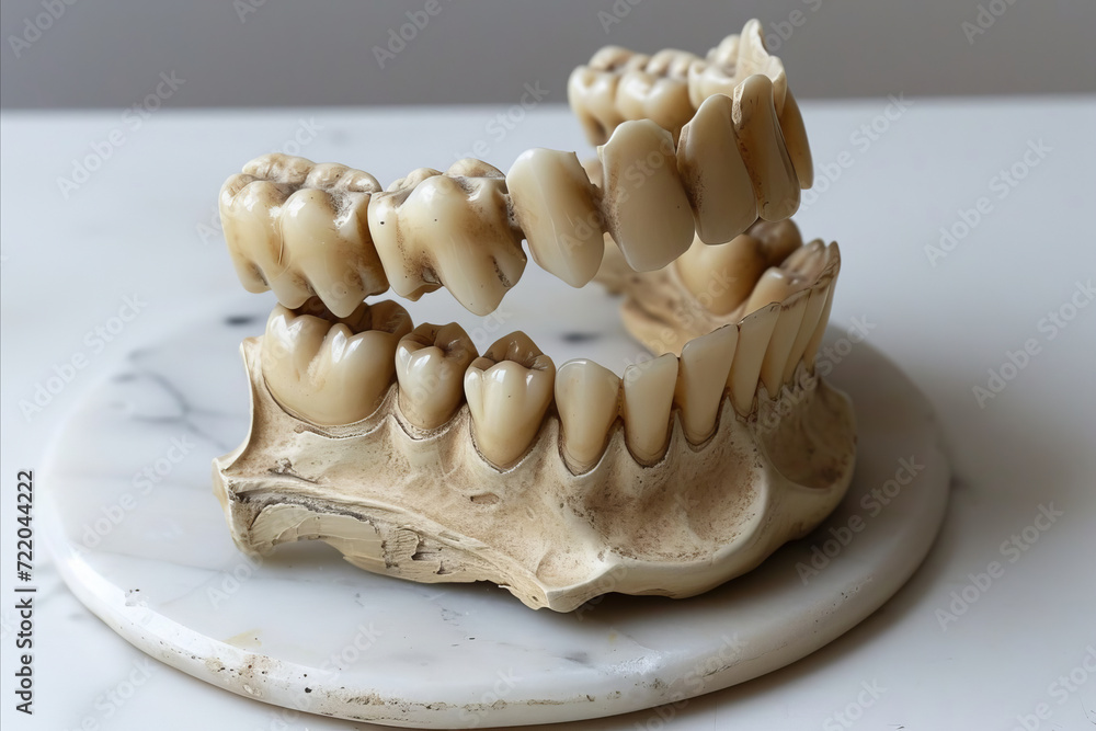 Skeleton jaw with teeth with plaque on marble surface