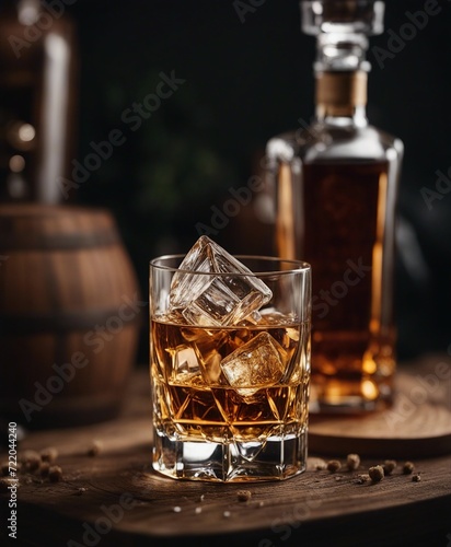 whisky glass with ice flakes on a wooden barrel and an unbranded, unwritten whisky bottle
